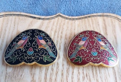 Set Of 2 Cloisonne Belt Buckle 2 Birds Floral Leaves Scroll Black & Red Enamel - Image 1 of 4