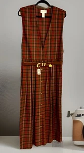 Lands End Women’s Vintage Red&Green Plaid Pinafore Dress W/buttons&pockets Sz 14 - Picture 1 of 12