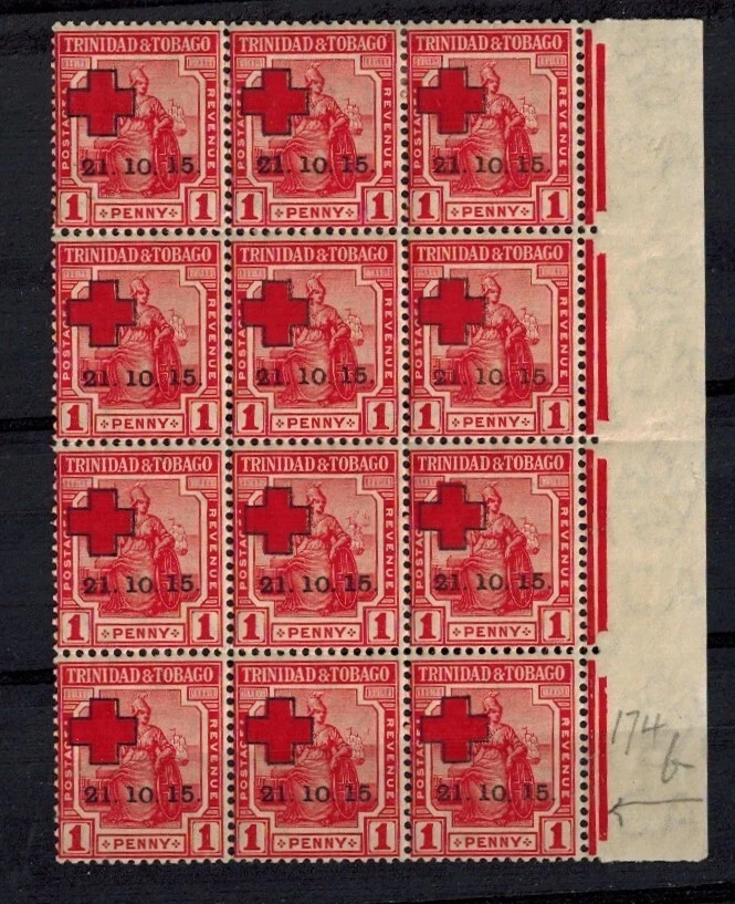 Trinidad 1915 Block of 12 SG 174 1d Red Cross OVPT w/Lower Right Stamp Forked 1 - Изображение 1 из 2