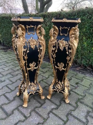 Pedestals Pair XL 43" Italian Baroque Black Gold Marble Effect Ornate Stands - Image 1 of 4