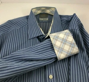 Thomas Dean Mens Flip Cuff Blue Striped Dress Shirt XL Long Sleeve EUC Cotton - Picture 1 of 10