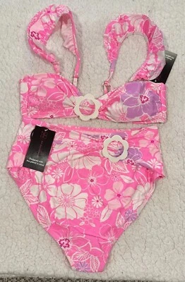 Parte superior e inferior de bikini rosa blanco tropical floral cintura alta talla 7-9 sin límites Foto 1 de 4