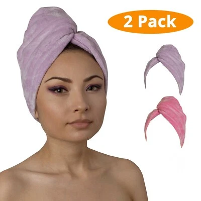 Paquete de 2 turbantes envolventes de toallas para cabello de microfibra de 10”x26” de secado rápido (púrpura/rosa) Foto 1 de 4