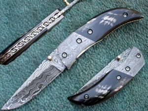 8" Custom Hand Forged Damascus Steel Folding Knife , Hand Made Pocket Knife - Picture 1 of 7