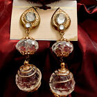 Vintage 1980s Statement Long Earrings Clear Round Glass And Crystal Rhinestones