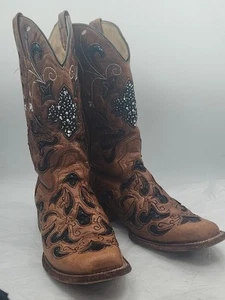 Corral distressed light brown & black sequin Women’s western boots- Size 9.5 - Picture 1 of 9