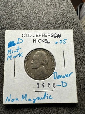 1955 D Jefferson Nickel. Non Magnetic. Denver Mint. Original As It Gets. - Image 1 of 4
