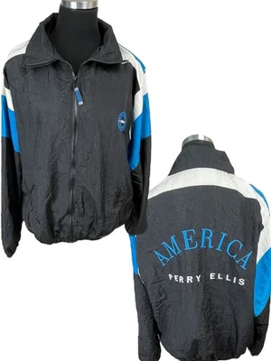 Vtg 90s Perry Ellis Jacket M Windbreaker America Logo Zip Lightweight Preppy - Image 1 of 4