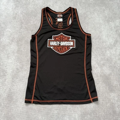 Harley-Davidson Tank Top Womens Medium Black Orange Racerback Bar & Shield Mesh - Image 1 of 4