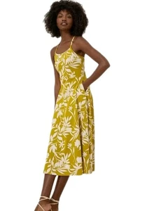 Pact Fit & Flare Midi Dress L Tropical Palms Chartreuse Organic Cotton Pockets - Picture 1 of 12