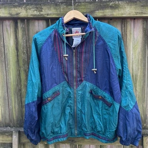 Vintage Windbreaker Jacket Full Zip Lightweight Retro 90s Color Block Teal Large - Picture 1 of 11