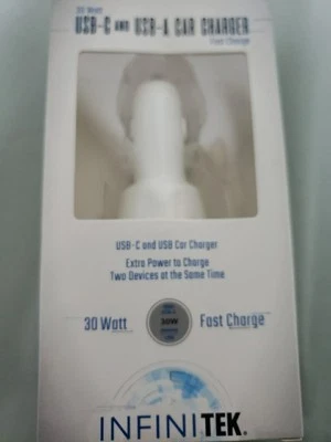 Infinitek Car Charger USB-C & USB-A 30 Watt Dual Port Fast Charge White New C A - Image 1 of 4