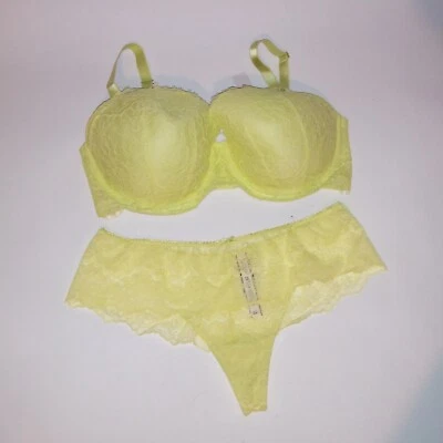Бюстгальтер Victoria Secret комплект 38DDD с подкладкой Demi большие стринги трусики желтый по всему кружеву - Изображение 1 из 4