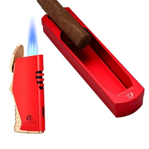 Galiner Metal Cigar Ashtray 1 Slot Holder Jet Torch Cigar Lighter with Punch Red - Picture 1 of 12