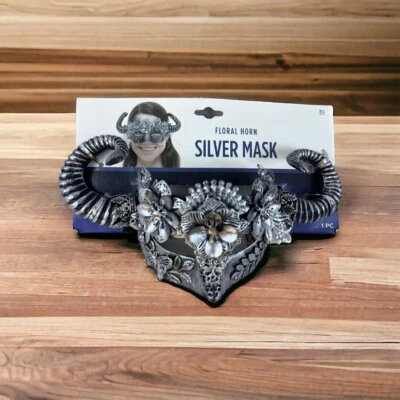 Antique Silver Steampunk Fancy Eye Mask w Horns Flowers Adult Mystical Creature - Image 1 of 4
