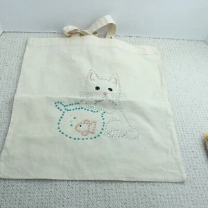 Hand Made Cotton Tote Shopper Bag with Sequins Kitten & Gold Fish in Bowl Design - Picture 1 of 6