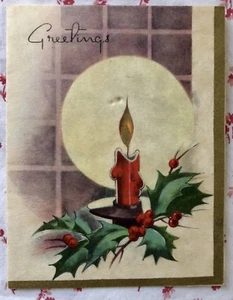 Vintage 1930s Deco Christmas Greeting Card Red Flaming Candle Window Sill Holly - Picture 1 of 6