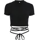 T Shirt Bandage A Manches Courtes En Nombril A La Mode Pour Femmes Noir
