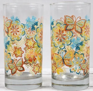 CASA 6" Tall Colorful Butterfly & Flower Drinking Glasses, Set of 2, Vintage - Picture 1 of 7