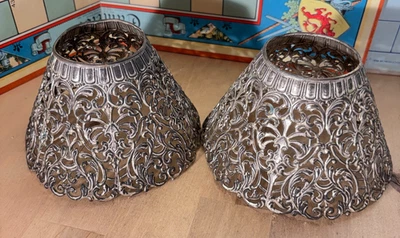 Pair Antique Pierced Art Nouveau Metal Reticulated Lamp Shades, Unmarked - Image 1 of 4