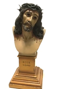Antique Jesus Bust Ecce Homo Crown of Thorns Realistic Pedestal Plaster Christ - Picture 1 of 11