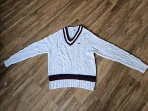Vintage IZOD Lacoste Herren Zopfmuster Cricket Pullover V-Ausschnitt blau burgund elfenbein - Bild 1 von 8