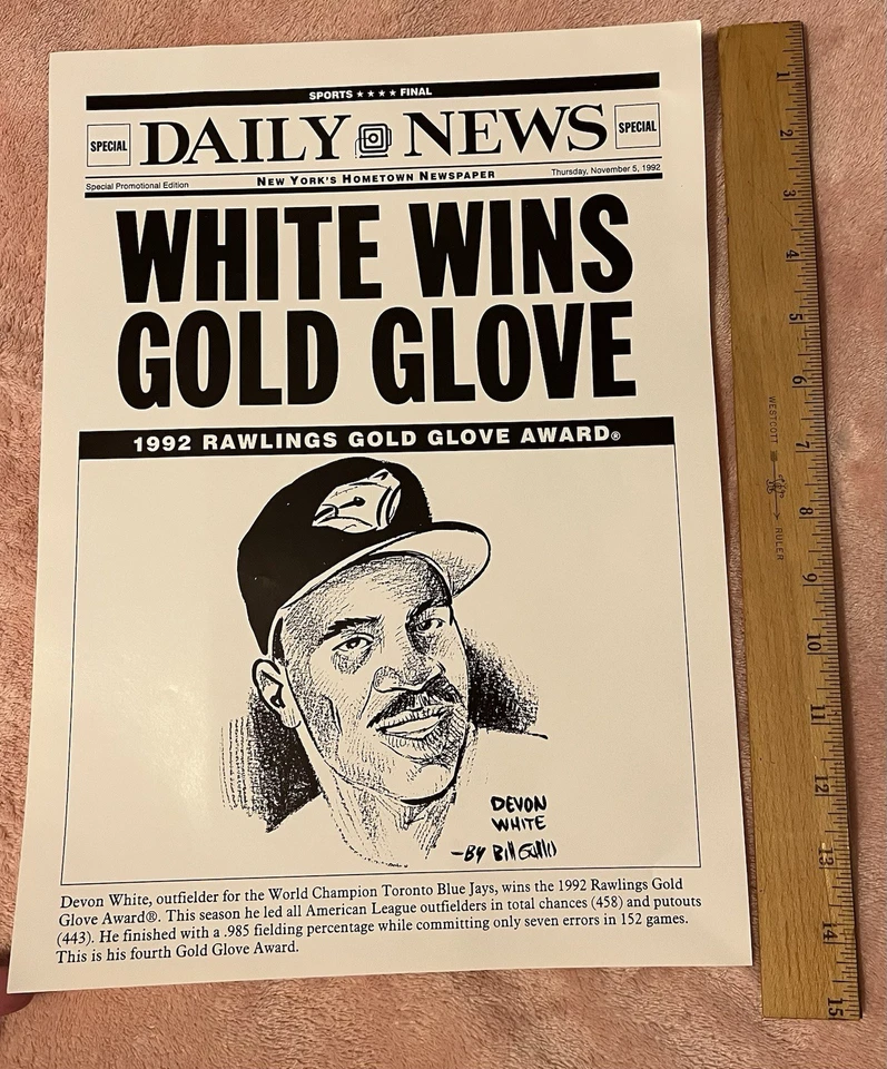 Póster ganador del guante de oro Devon White Toronto Blue Jays 1992 de Bill Gallo Foto 1 de 1