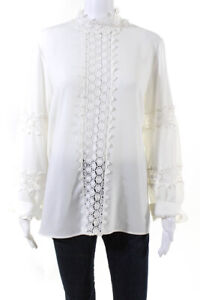 Anne Fontaine Womens Mesh Textured Cuff Sleeve High-Neck Blouse White Size EUR44
