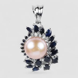 Blue Sapphire & Pearl Natural 925 Sterling Silver White Gold Plated Pendants - Picture 1 of 7