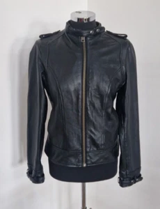 Mango black leather jacket size L UK 10 biker full zip lined pockets pure real - Picture 1 of 11