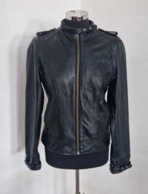 Mango leather jacket size L UK 10 black biker pockets pure real full zip lined  - Image 1 of 4