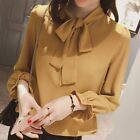 Simple Black French Style Women Bow Long Sleeve Casual Vintage Female Shirt M