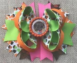 Fall Thankful & Blessed Orange Green Pink Bottle Cap Hair Bow 5" - Picture 1 of 1