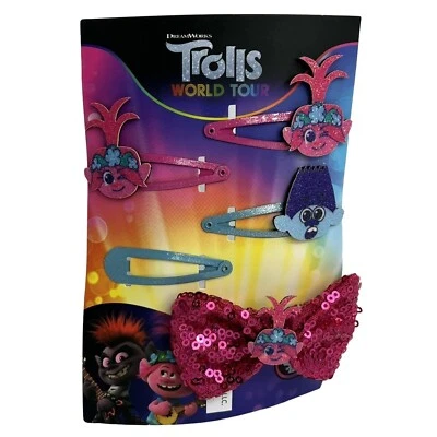 Trolls World Tour Kids Hair Clips Accessories 5 Pieces Pink Blue Dream Works New - Image 1 of 4