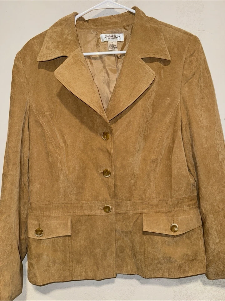 Judith Hart 16 Camel button down pockets faux suede long sleeve jacket - Image 1 of 3