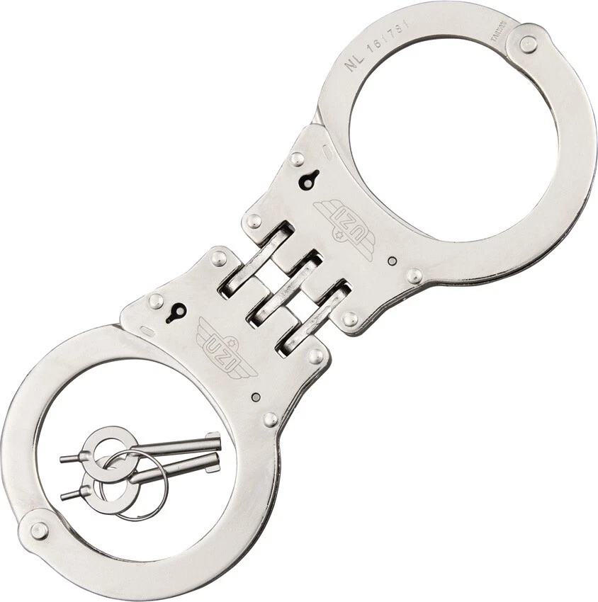 UZI Double Lock Nickel Plated Carbon Steel Hinged Handcuffs W/ 2 Keys