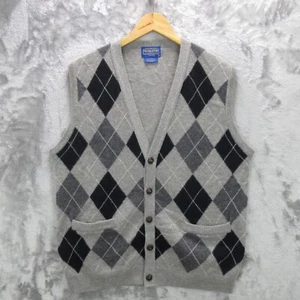 Vintage Pendleton Sweater Vest Men's Large Gray Plaid Lambs Wool Button Front - Picture 1 of 14