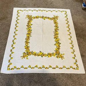 Mantel de tela de lino estampado vintage rosas amarillas floral 53" x 58" sin usar - Imagen 1 de 7