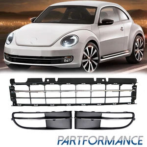 3PCS Front Bumper Grille + Fog Light Bezel Cover For 2012-2016 Volkswagen Beetle - Picture 1 of 12