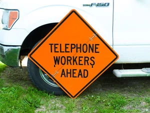 Vintage TELEPHONE WORKERS AHEAD Folding Aluminum Sign 30" x 30" - Picture 1 of 5