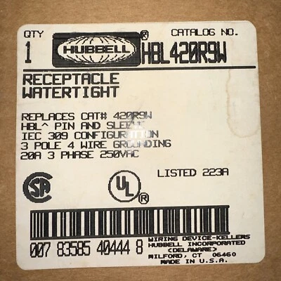 ⚡️Hubbell HBL420R9W Pin y Manga Receptáculo Estanco 20A 3PH 250V 3P 4W⚡️ Foto 1 de 3