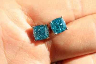 14k Gold 3Ct Cushion Cut Fancy Vivid Blue Lab-Grown Diamond Minimalist Earring - Image 1 of 4
