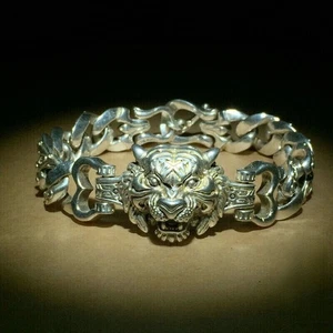 HEAVY & THICK !  MEN'S SILVER Tiger CURB WRAP BRACELET 85g - Picture 1 of 5