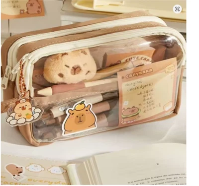 Estuche para lápices transparente Capybara Kawaii con compartimentos y colgante adhesivo Foto 1 de 4