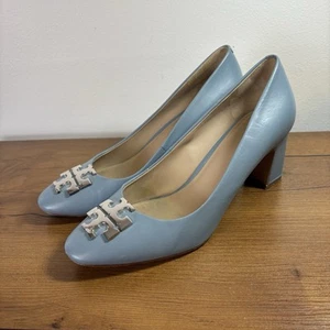 Tory Burch Raleigh Leather Pumps Block Heel 70MM Silver Baby Blue Women’s 7.5 - Picture 1 of 17