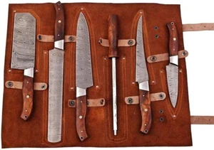 Custom made damascus steel kitchen/chef's knife set with leather roll bag ZE-712 - Picture 1 of 4