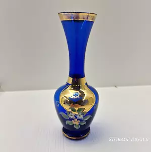 VTG Bohemian Moser Style Glass Enamel Blue Vase Hand Painted Gold & Floral Japan - Picture 1 of 10