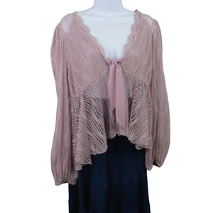 Free People Pink Lace Top Size Medium Peasant Crop Ribbon Tie Sheer Empire LS - Picture 1 of 12