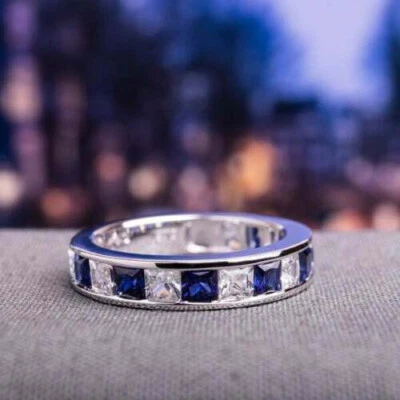 2Kt Blau Princess Diamant Ring Half Eternity Band Verlobungsring Weißgold-Finish - Bild 1 von 4