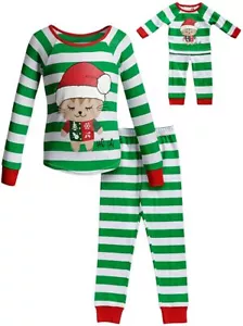 Dollie & Me Girls' Snug Fit Sleepwear Set and Matching Doll Outfit, Green/White - Picture 1 of 1